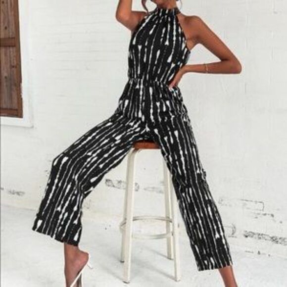 New Boho Sexy Summer Jumpsuit Halter Neck Sleeveless Chiffon Wide Leg Long Pant - Picture 5 of 11